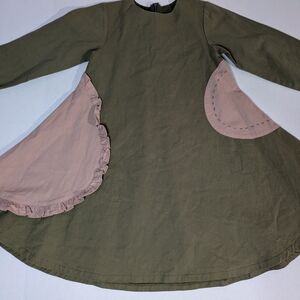 Vintage Style Prim Hobbit Woods Forest Olive Green Dress With Brown Accents, 10